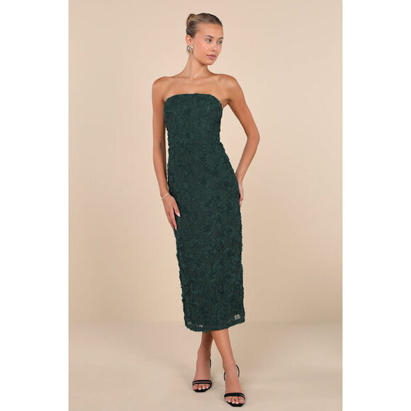 Lulus Flawless Perfection Emerald Floral Applique Strapless Midi Dress Green NEW - Picture 1 of 5